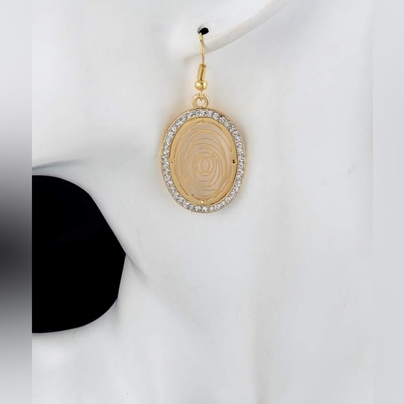 Camellia Flower Round Rhinestone Gold  Drop Earrings - Picture 9 of 13